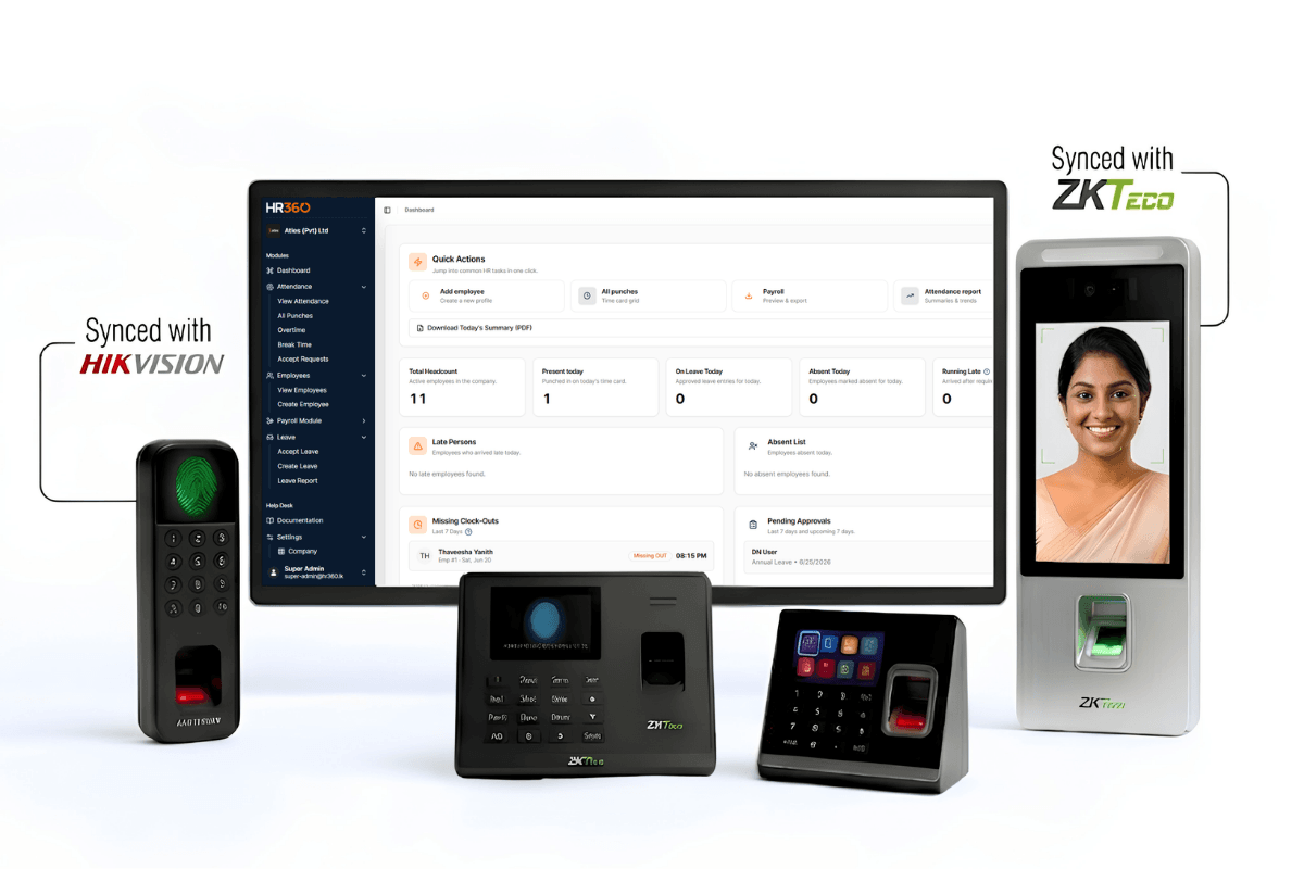 HR360 dashboard with Hikvision and ZKTeco biometric devices