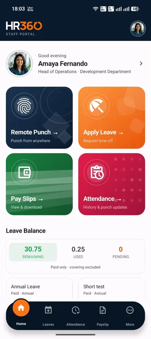 HR360 Staff Mobile App with remote punch, leave applications, payslips and attendance