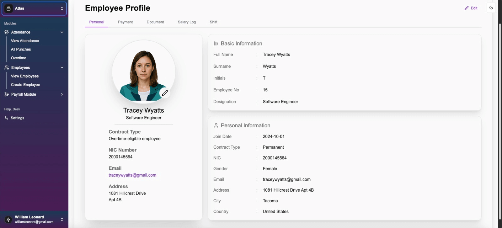 Employee profile with personal and job details