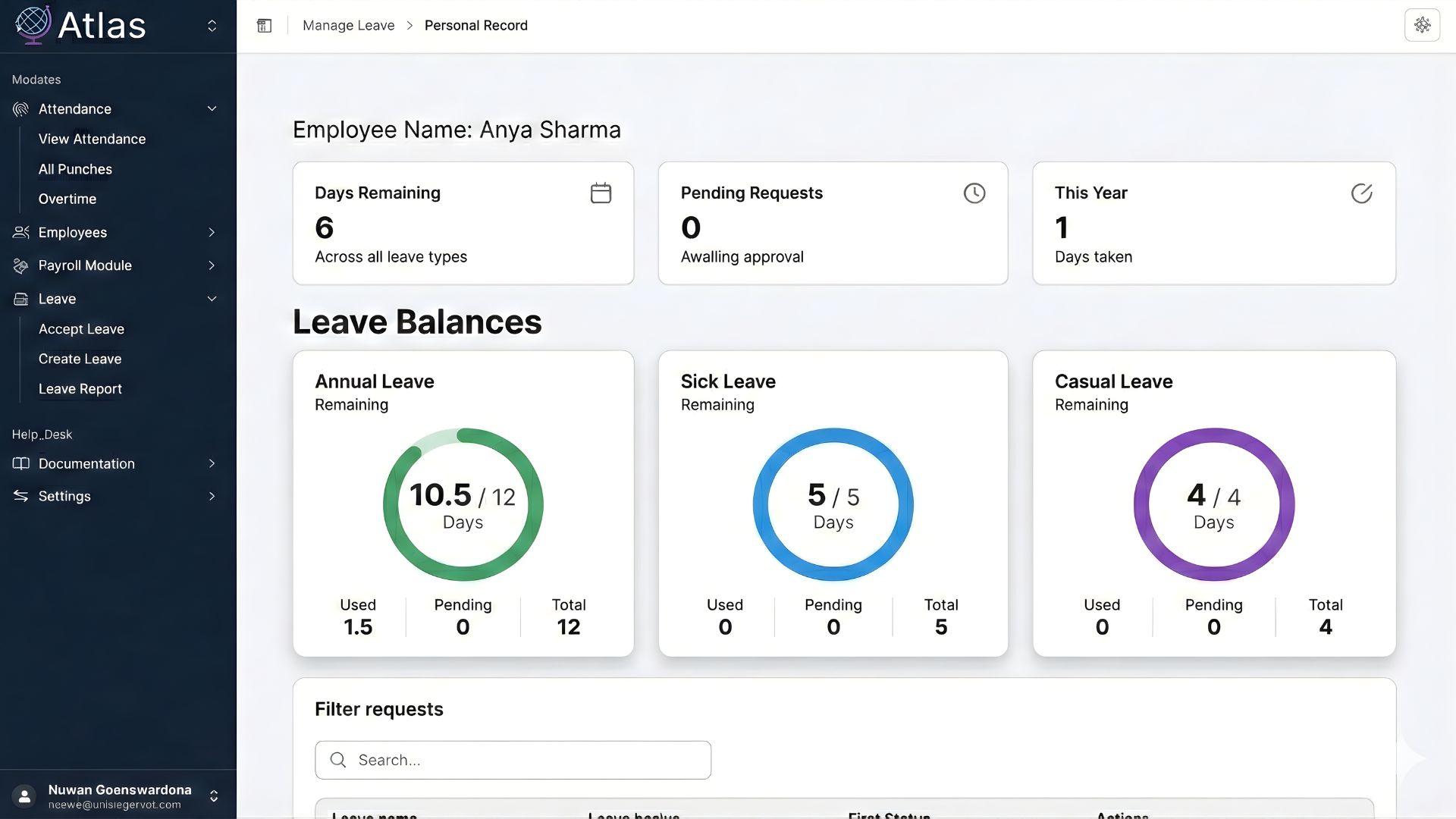 Leave request modal showing available policies