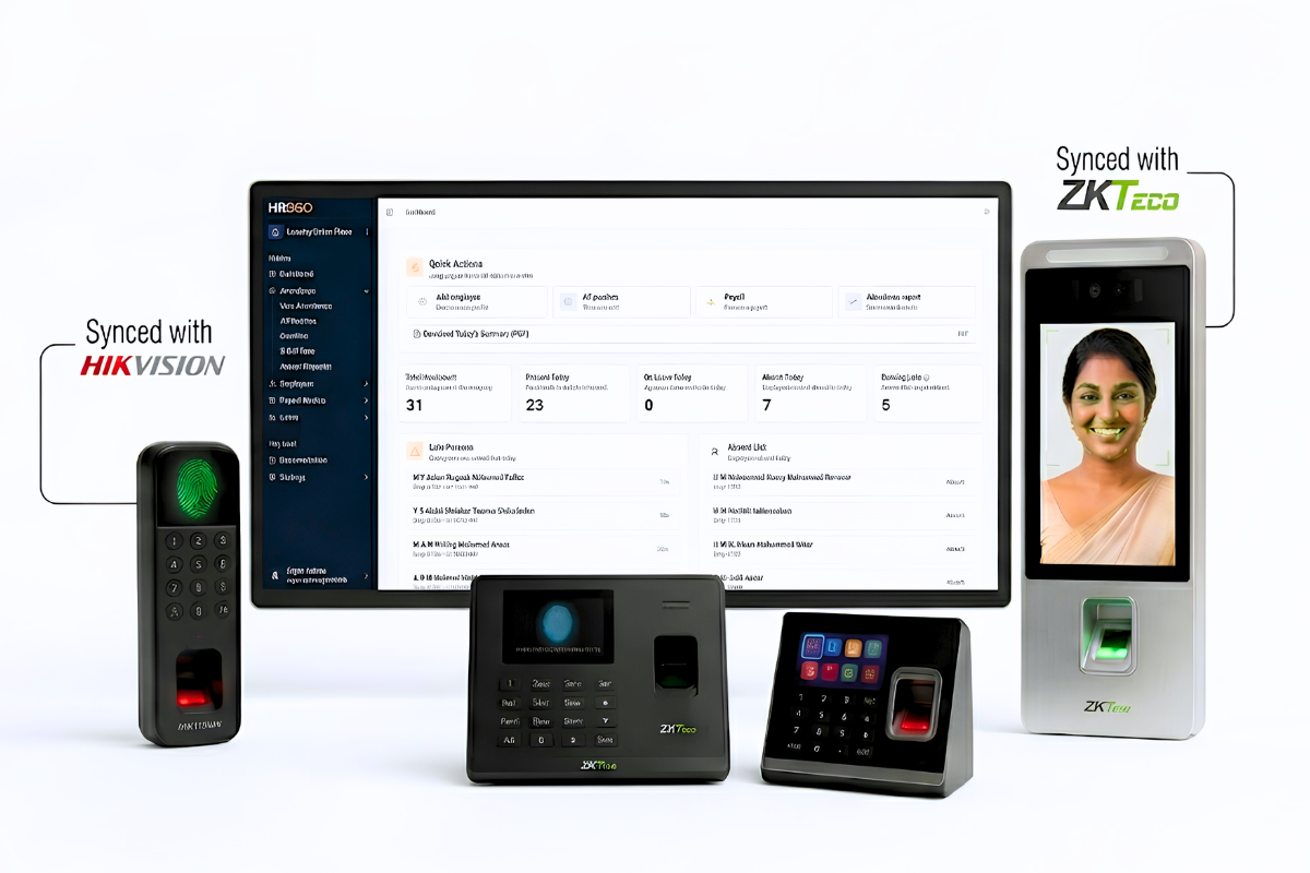 HR360 dashboard with Hikvision and ZKTeco biometric devices