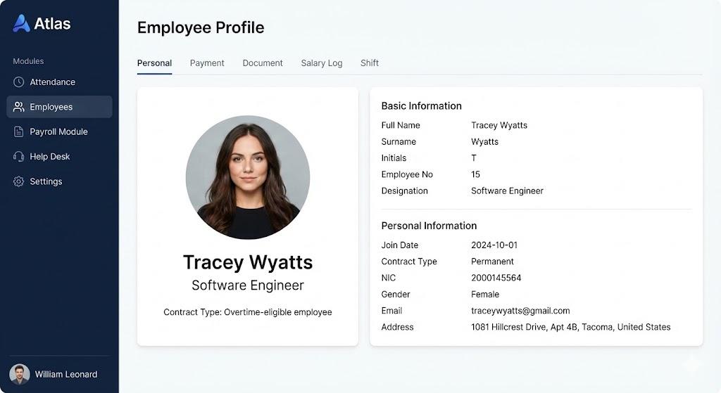 Employee profile with personal and job details