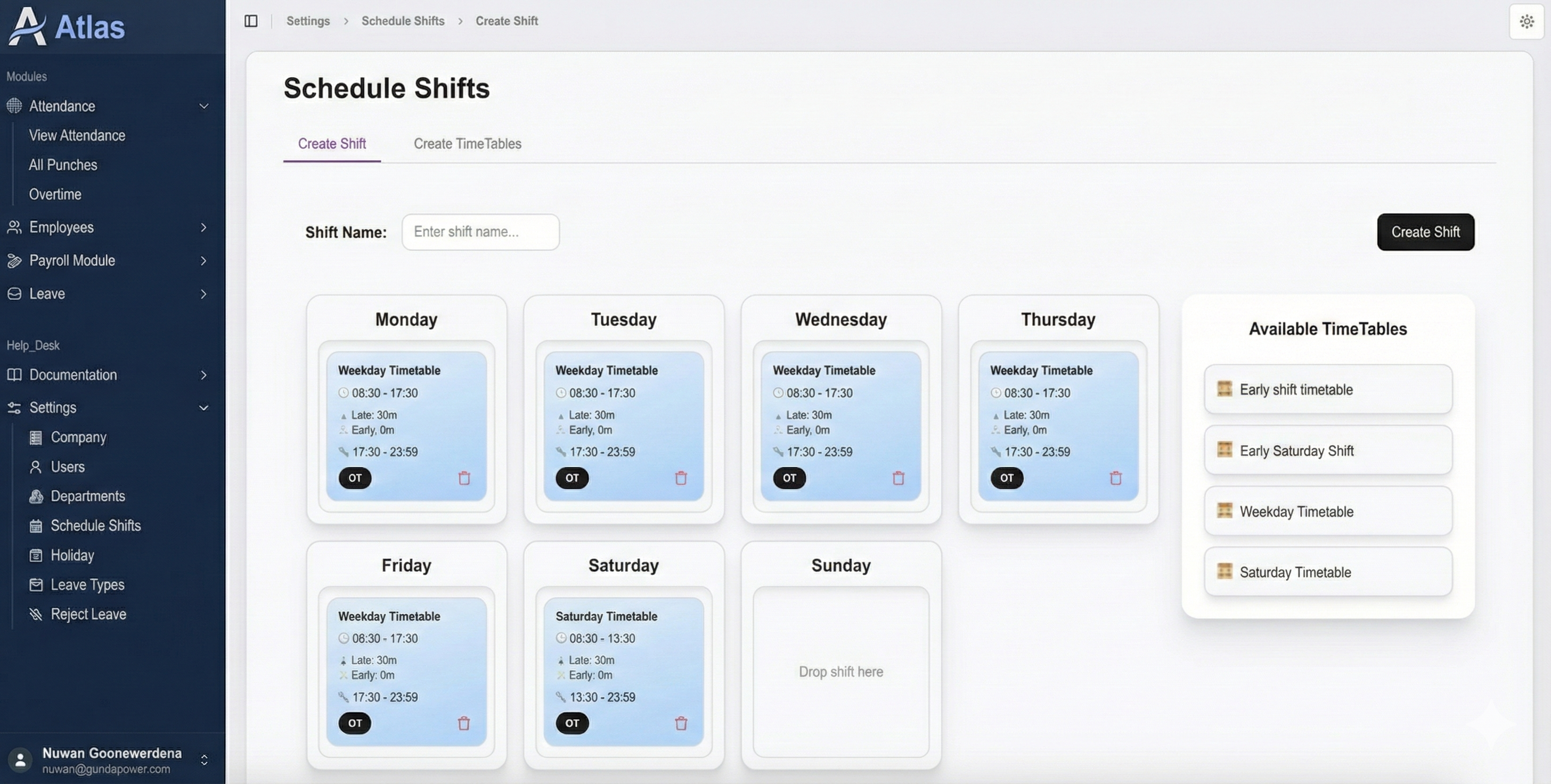 Shift planning grid with color-coded teams